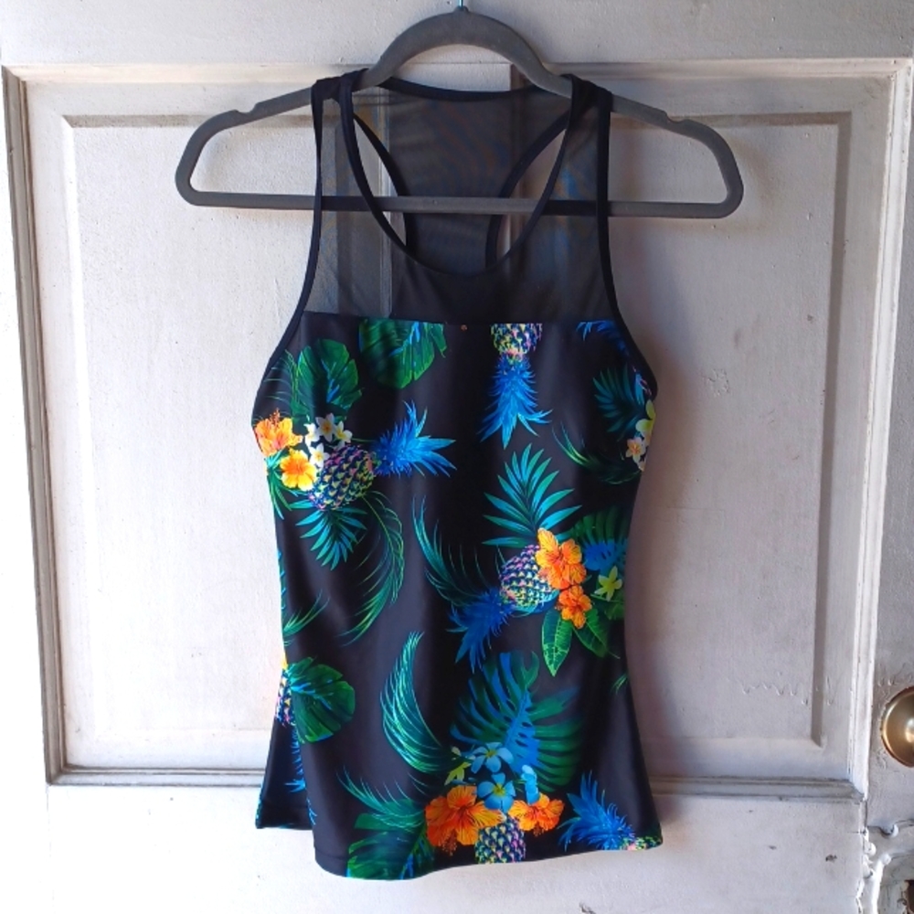 Zenbriele Womens Tankini Racerback Tank   Black w/Tropical Designs size XSmall